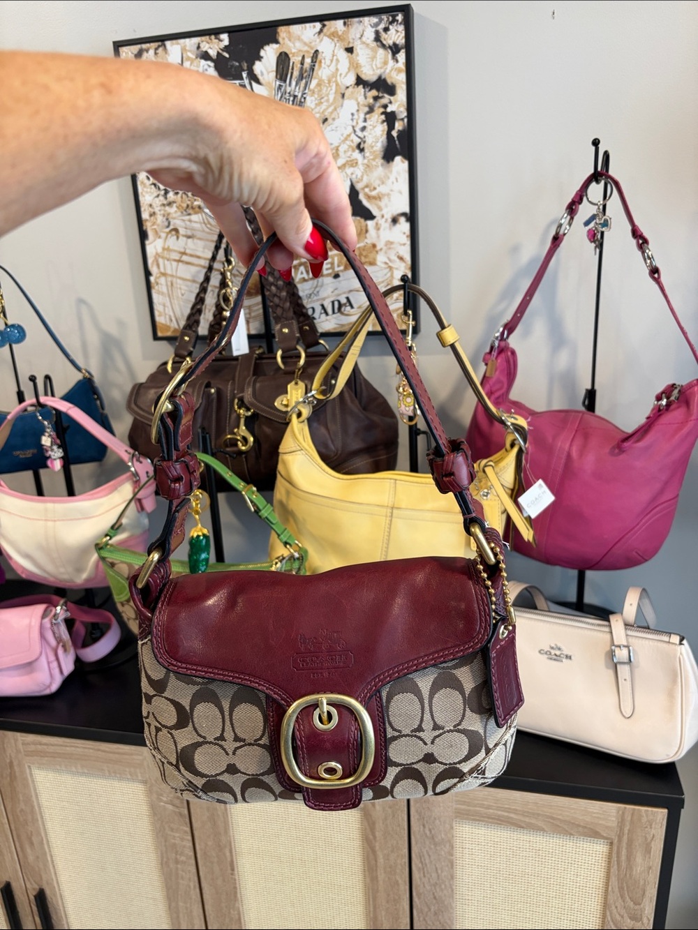 Rare maroon! Y2K 2007 Coach Brown Signature Canvas Shoulder Bag Leather Trim